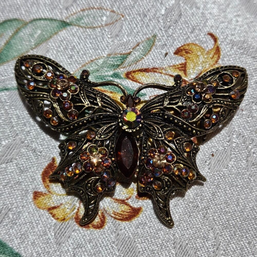 vintage whimsigoth boho gold tone iridescent stones butterfly brooch